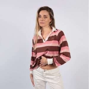 Polo camisero a rayas marrón con rosado